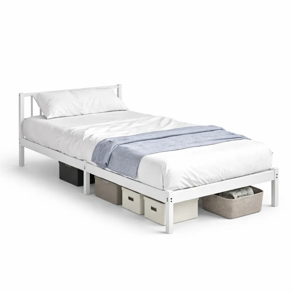 Lit simple en bois massif avec sommier à lattes 90x190 cm blanc