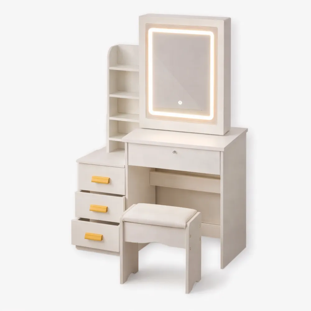Table de Maquillage Moderne avec Miroir et Éclairage Intégré, Rangement Intelligent pour Chambre