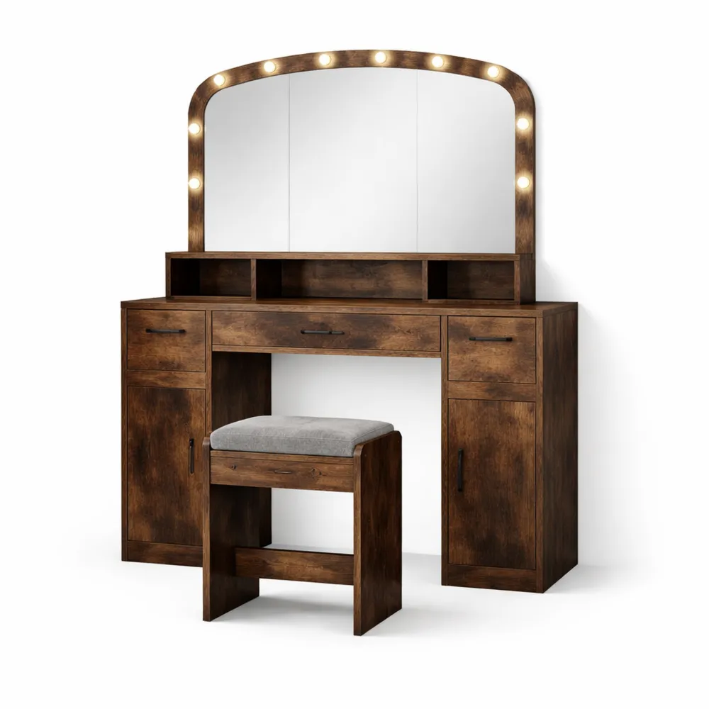 Table de maquillage avec miroir et rangement, station de charge, éclairage LED réglable, 108 cm, industriel