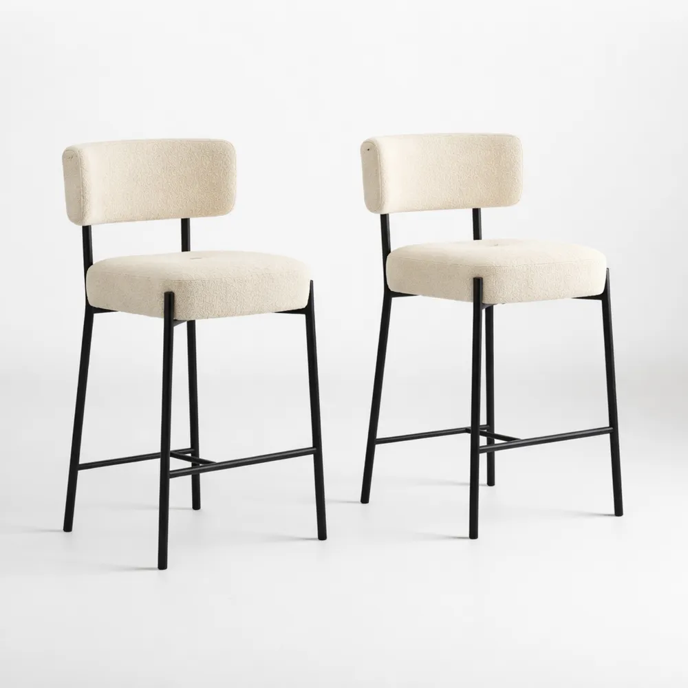 Ensemble de 2 chaises de bar, siège rembourré avec dossier et repose-pieds, hauteur 63,5 cm, blanc