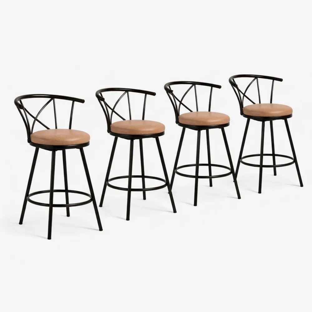 Lot de 4 tabourets de bar pivotants 360° avec dossier et repose-pieds, hauteur 63cm, style industriel marron