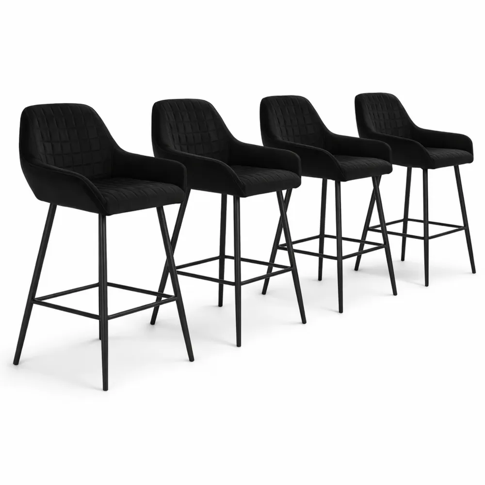 Lot de 4 tabourets de bar en velours, hauteur 64 cm, noir