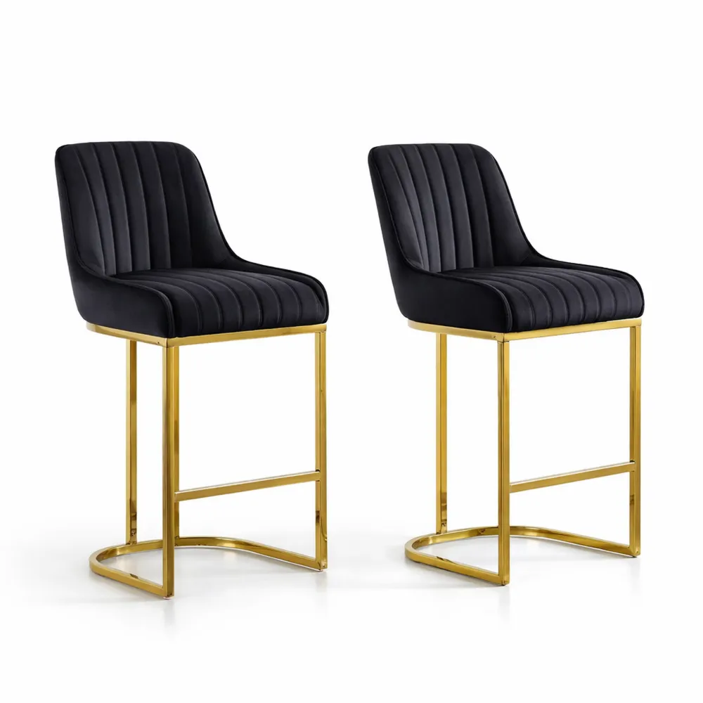 Lot de 2 tabourets de bar en velours noir avec cadre en métal doré