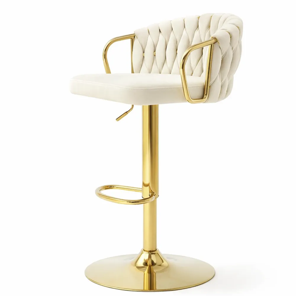 Tabouret de bar réglable avec dossier tissé et repose-pieds, pivotant à 360°, base en métal