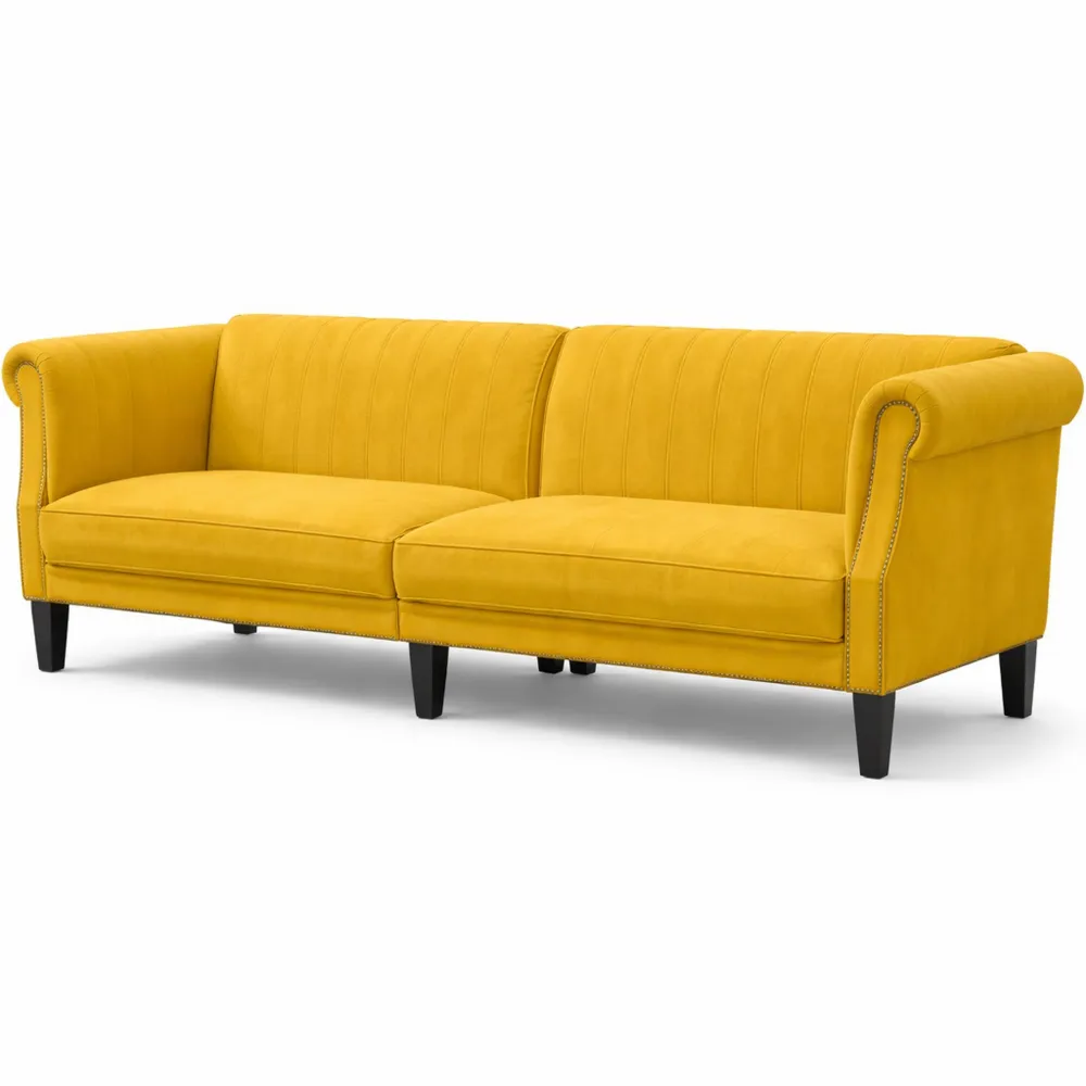 Canapé 3 places en velours jaune avec accoudoirs