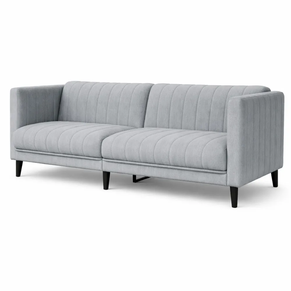 Canapé 3 places rembourré avec accoudoirs et dossier, tissu gris clair