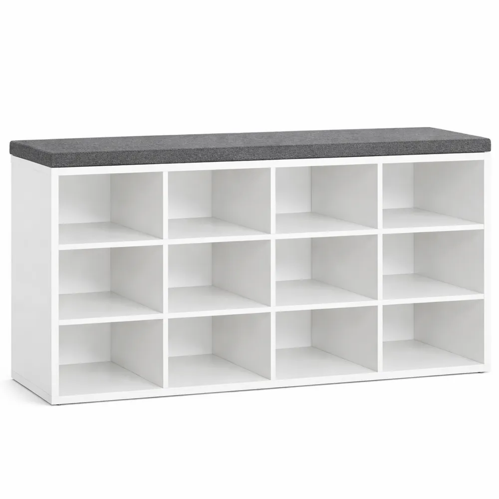 Banc de rangement avec étagère à chaussures et assise rembourrée, 15 compartiments de rangement, pour couloir et chambre, blanc et gris