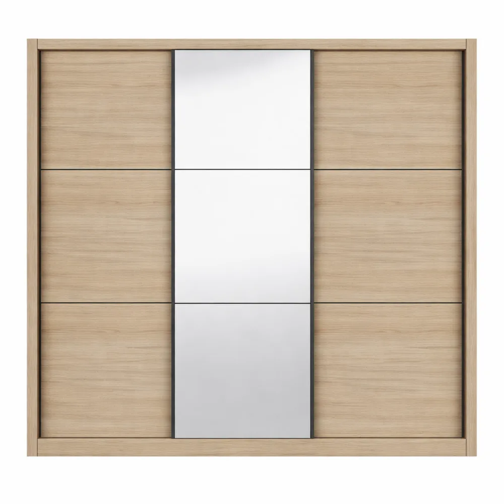 Guardaroba a 3 ante scorrevoli con specchio, struttura in quercia, 242x60x215 cm