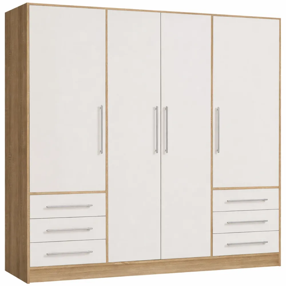 Armadio a 4 Ante con Cassetti e Ripiani, Bianco Rovere Sonoma, 206.5x200x60 cm