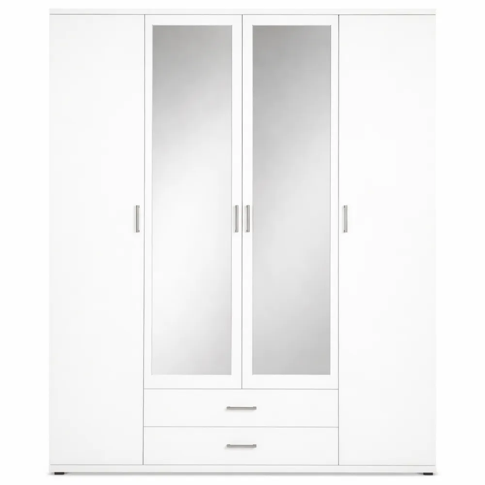 Armadio a 4 ante in bianco con specchio, 160x196x54 cm