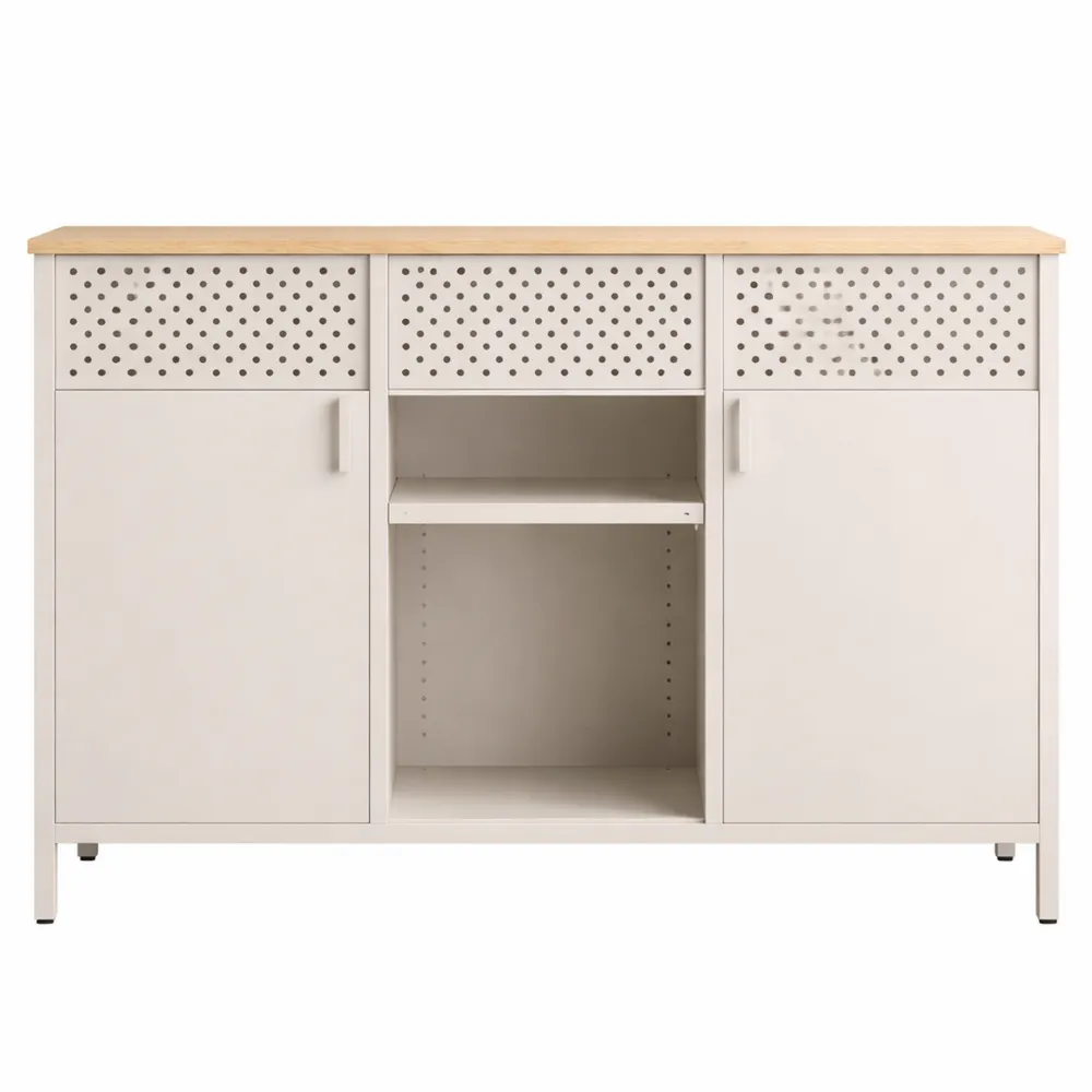 Armadio in Metallo con Ripiani Regolabili e Chiusura Magnetica, Beige Sabbia e Rovere Naturale