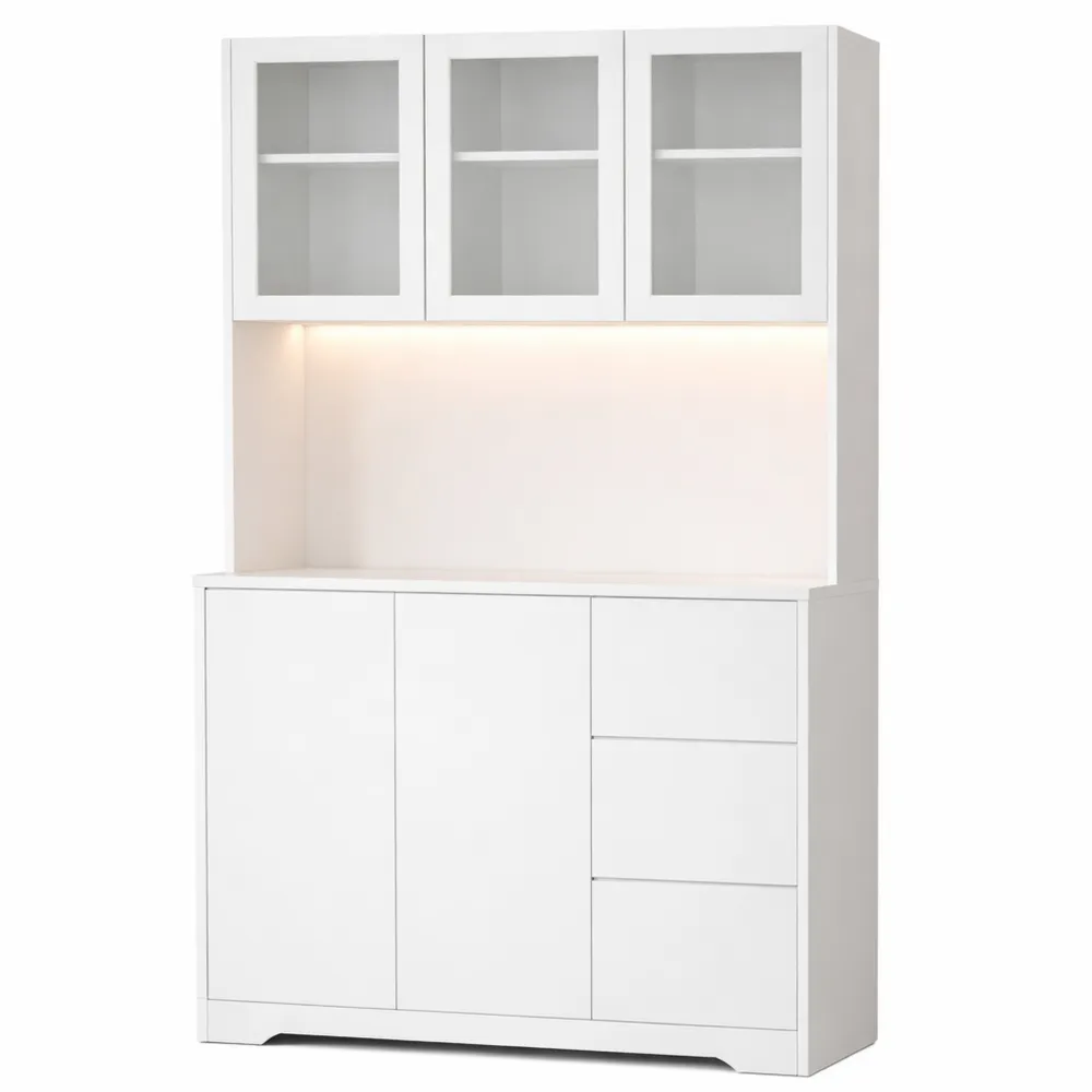 Credenza Alta con Luci LED e Prese, Mobile con Cassetti e Armadi, Ripiani Regolabili per Uso Interno
