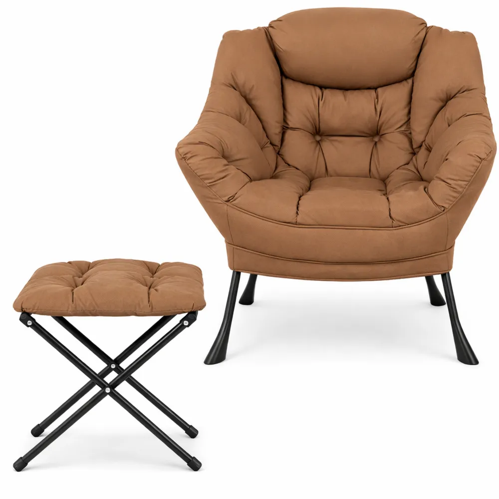 Poltrona Relax con Pouf, Schienale Imbottito e Tasca di Stoccaggio, Capacità 150 kg, Marrone