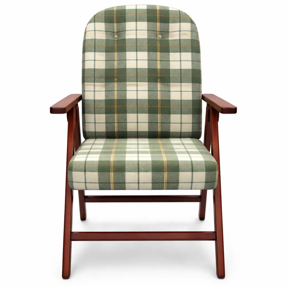 Poltrona imbottita con struttura in legno e tessuto verde