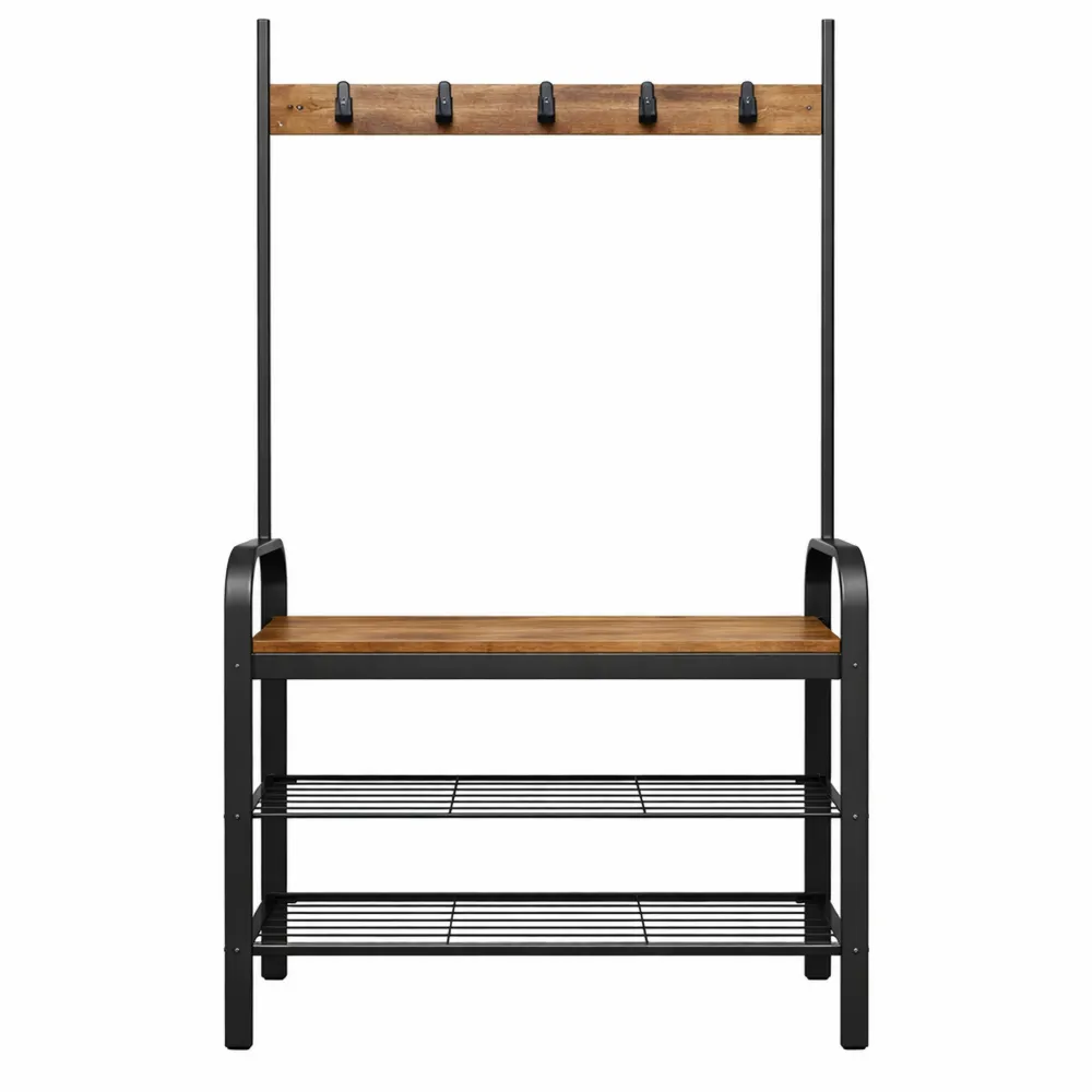 Appendiabiti con Scarpiera e Panca, 4 in 1 con Ganci Rimovibili, Attaccapanni per Ingresso, 33,7 x 77 cm, Stile Industriale, Colore Noce e Nero