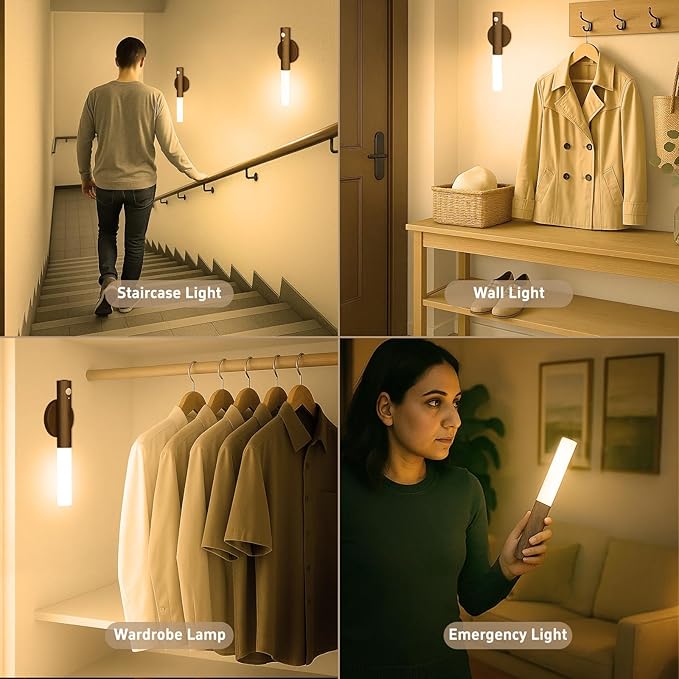 Wooden Motion Sensor Lights Indoor Smart Home LED Night Light – Rechargeable, Magnetic, Motion-Sensing Ambient Light for Bedrooms and Hallways