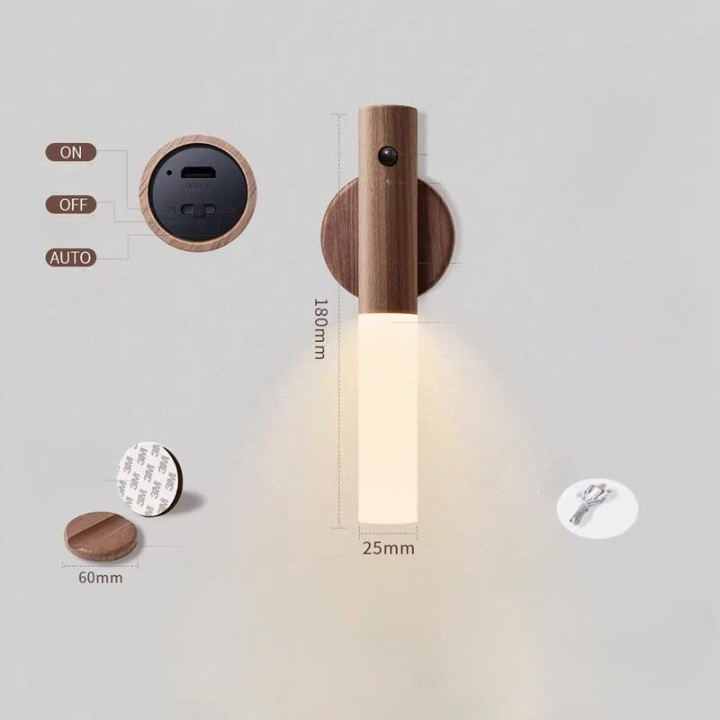 Wooden Motion Sensor Lights Indoor Smart Home LED Night Light – Rechargeable, Magnetic, Motion-Sensing Ambient Light for Bedrooms and Hallways