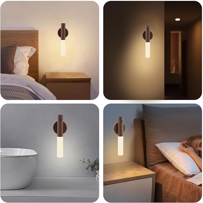 Wooden Motion Sensor Lights Indoor Smart Home LED Night Light – Rechargeable, Magnetic, Motion-Sensing Ambient Light for Bedrooms and Hallways