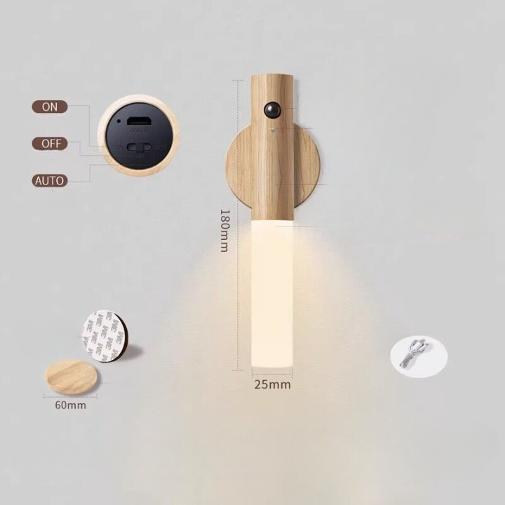 Wooden Motion Sensor Lights Indoor Smart Home LED Night Light – Rechargeable, Magnetic, Motion-Sensing Ambient Light for Bedrooms and Hallways