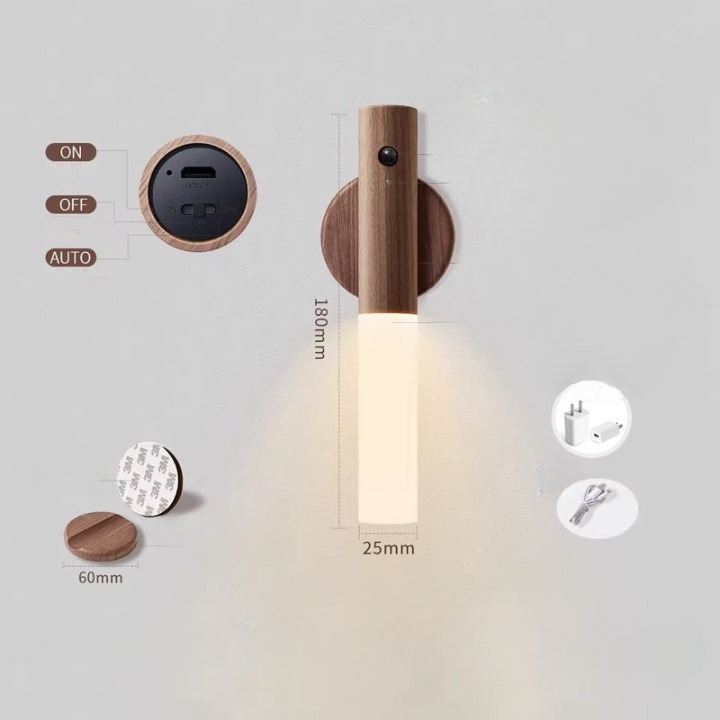 Wooden Motion Sensor Lights Indoor Smart Home LED Night Light – Rechargeable, Magnetic, Motion-Sensing Ambient Light for Bedrooms and Hallways