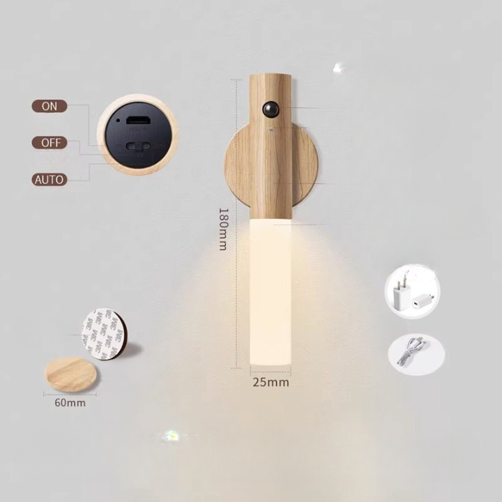 Wooden Motion Sensor Lights Indoor Smart Home LED Night Light – Rechargeable, Magnetic, Motion-Sensing Ambient Light for Bedrooms and Hallways
