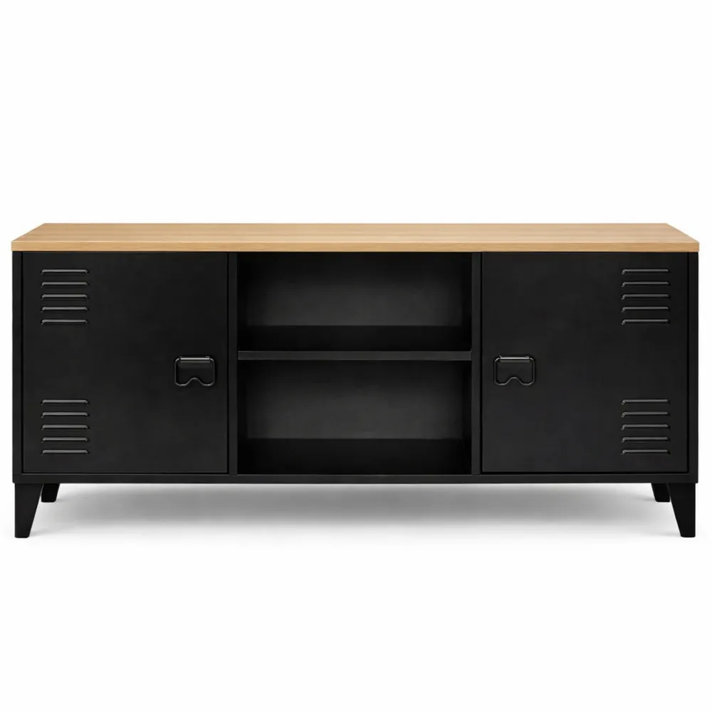 Meuble TV Industriel 113 cm avec Portes Métal et Plateau Bois