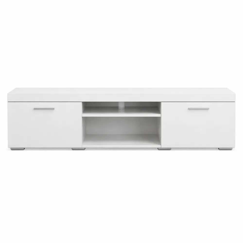 Meuble TV Blanc avec Rangement et Trou de Câble