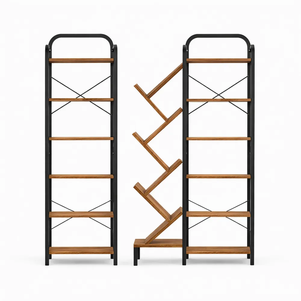 Bibliothèque Arbre à 6 Niveaux avec Étagères Multiples, Rangement Salon ou Bureau, Marron Noir
