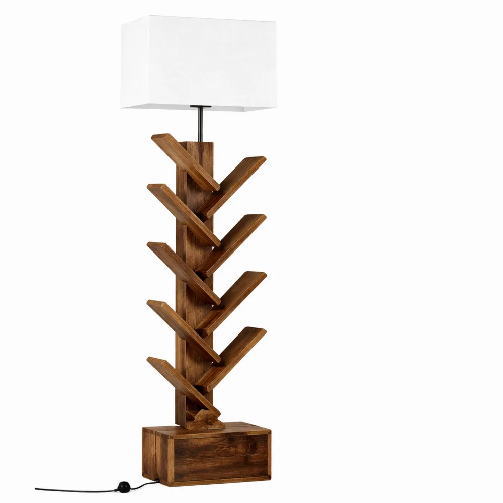 Bibliothèque Arbre en bois avec Éclairage et Minuteur, Étagère 6 Niveaux pour Livres et Médias, Meuble d'Angle