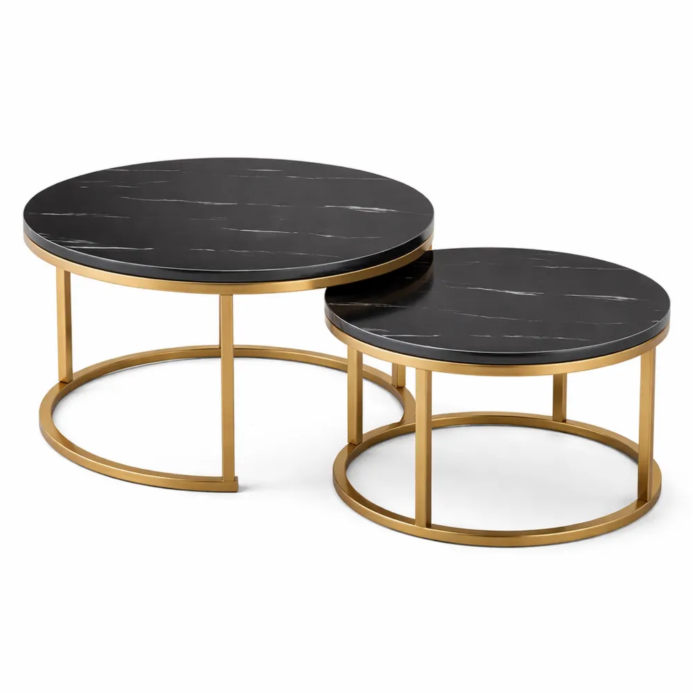 Ensemble de Tables Basses Rondes en Marbre et Acier Doré