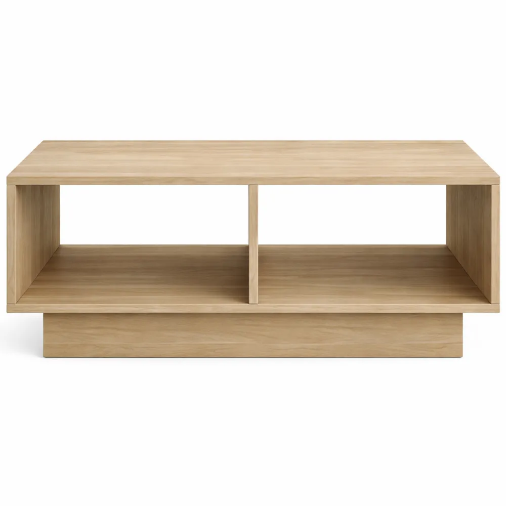 Table basse moderne et élégante en chêne clair avec compartiments ouverts