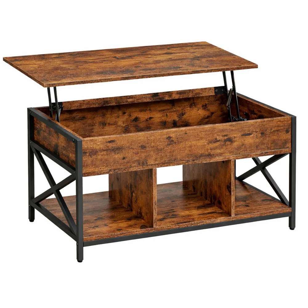 Table de Salon Relevable avec Rangement et Compartiments Ouverts en Acier