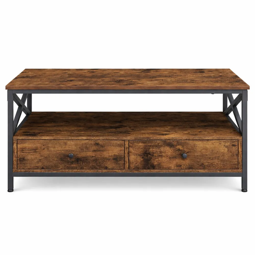 Table Basse avec Tiroirs et Compartiment Ouvert, Style Industriel, Marron et Noir