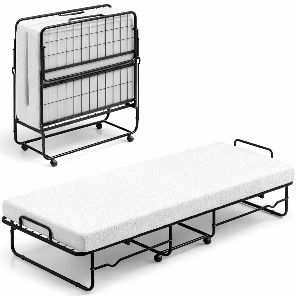 Lit d'Appoint Pliant avec Matelas en Mousse Mémoire, Cadre Métal et Roulettes Verrouillables 90x190 cm