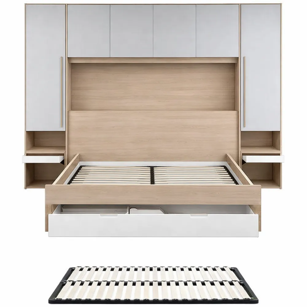 Lit double 140 x 190 cm avec rangements et éclairage LED, coloris naturel et blanc