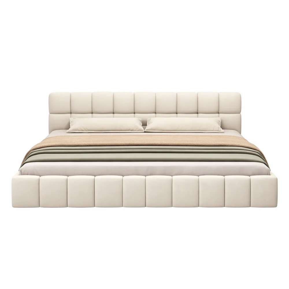 Cadre de lit double 140x200 cm avec tête rembourrée en lin beige