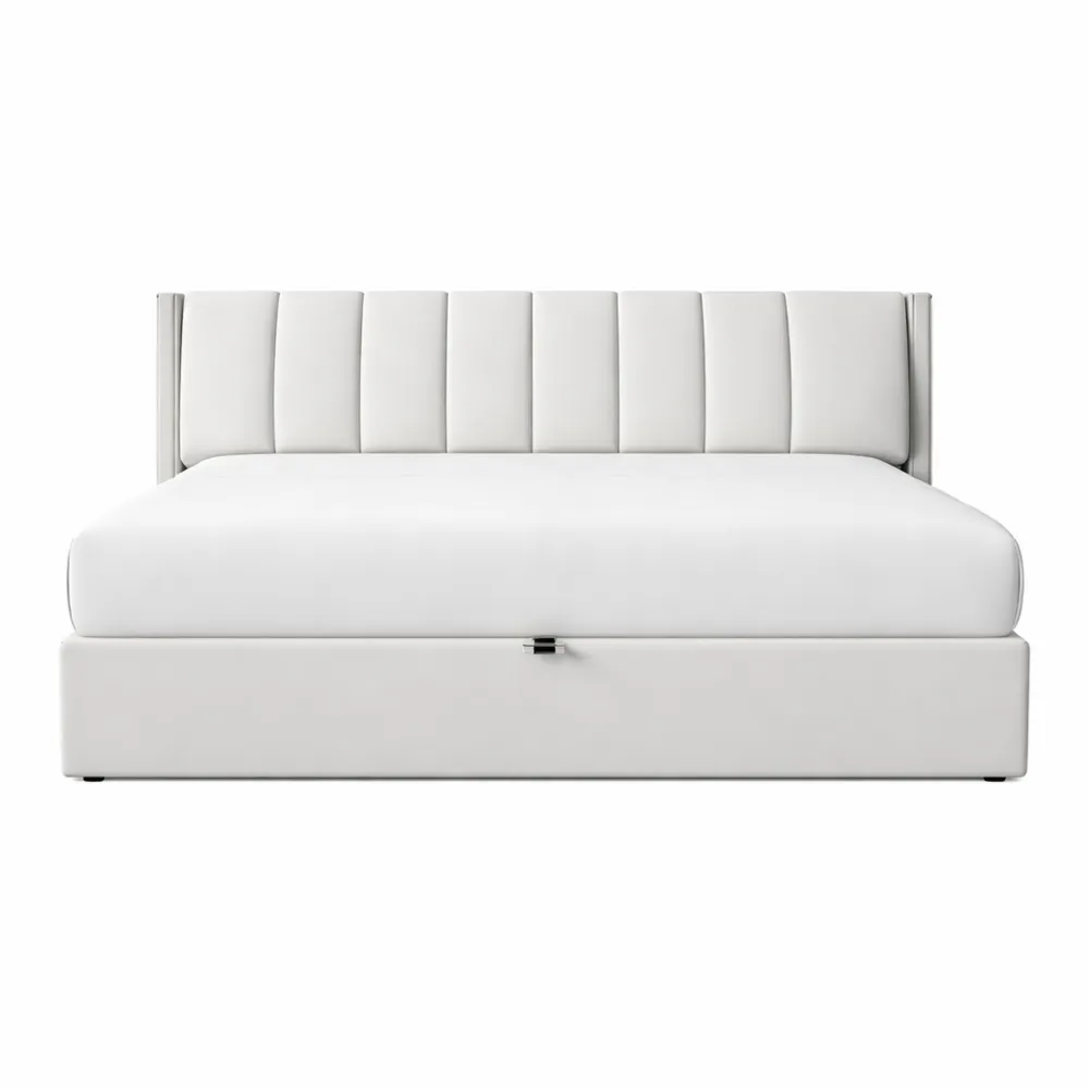 Grand lit double 180 x 200 cm avec USB et LED, espace de rangement intégré, tête de lit réglable, blanc