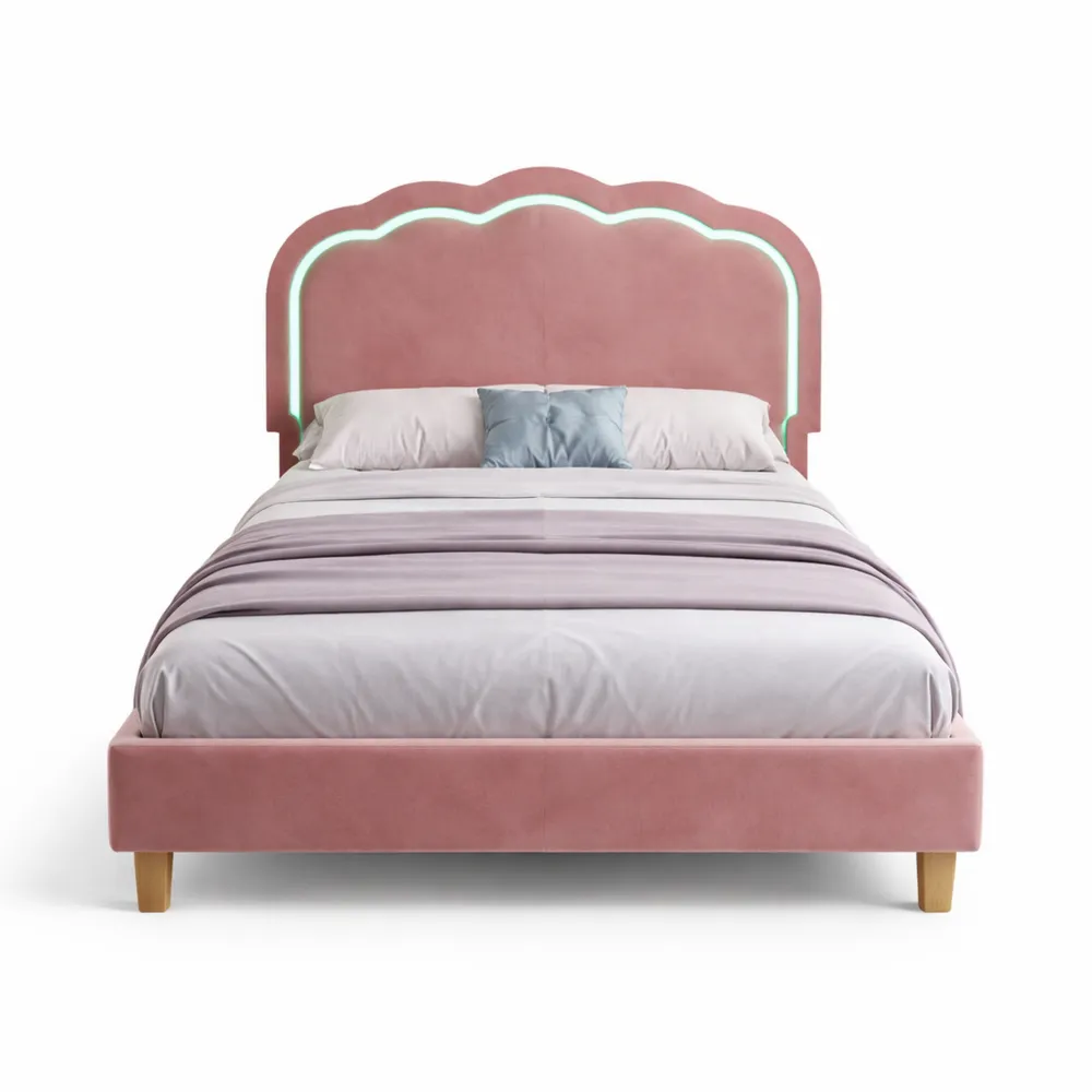 Cadre de lit simple avec tête de lit réglable, structure en bois 90 x 190 cm