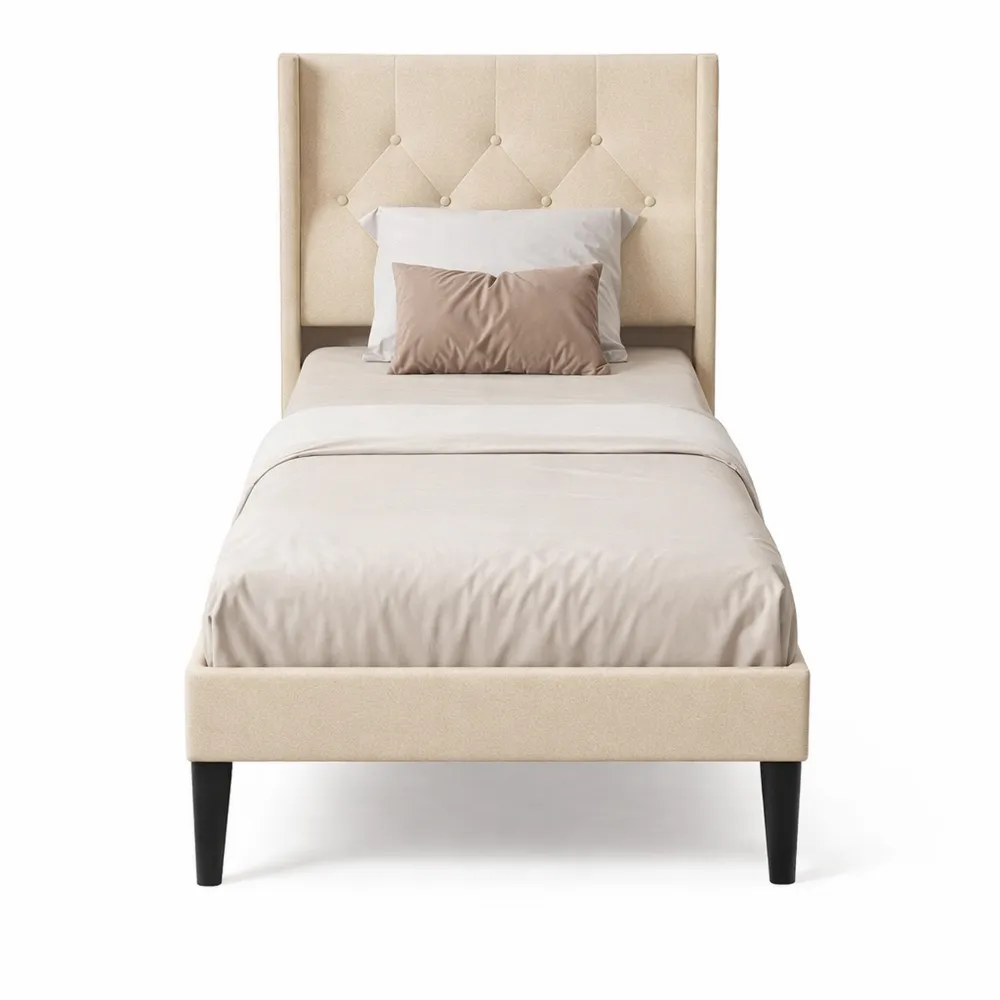 Lit simple en tissu beige avec espace de rangement 20 cm