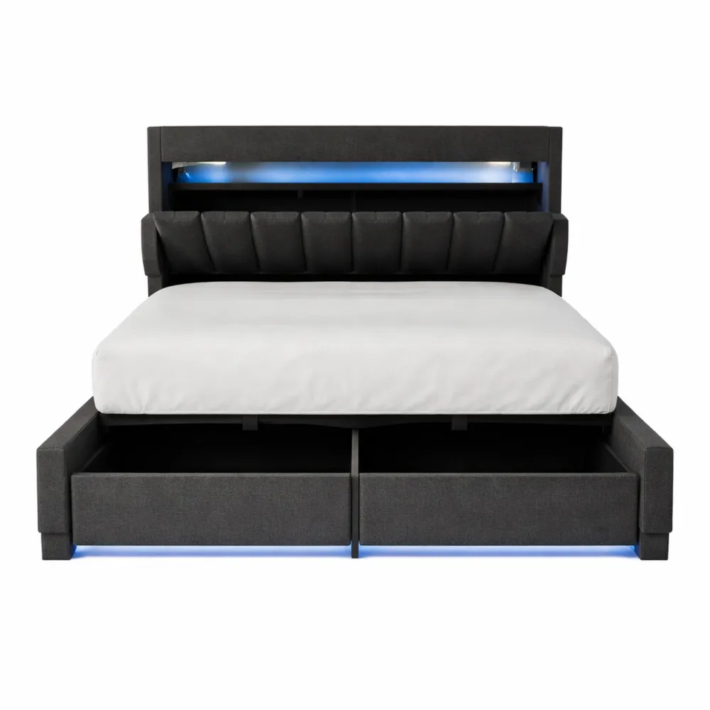 Lit simple LED hydraulique avec espace de rangement intégré et tête de lit chargement USB-C