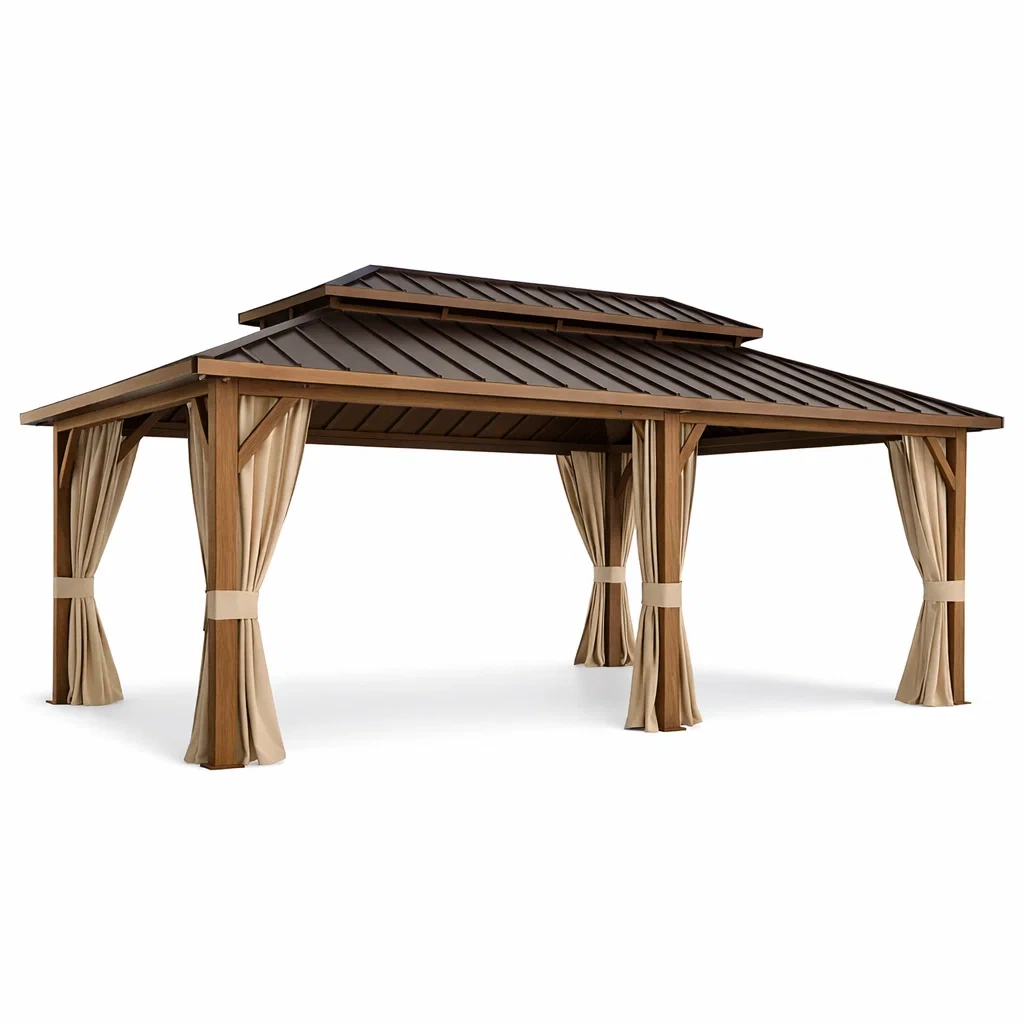 Aluminium und Stahl Gartenpavillon mit Vorhängen Braun Beige-DWELLMODERNO