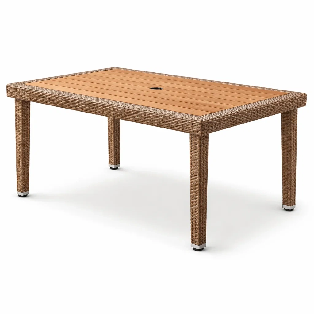 Gartentisch aus Polyethylen Rattan und Akazienholz Hellbraun-DWELLMODERNO