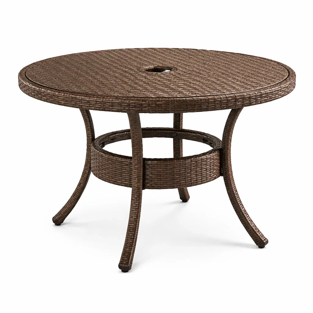 Runder Gartentisch aus Metall und Polyrattan Braun-DWELLMODERNO