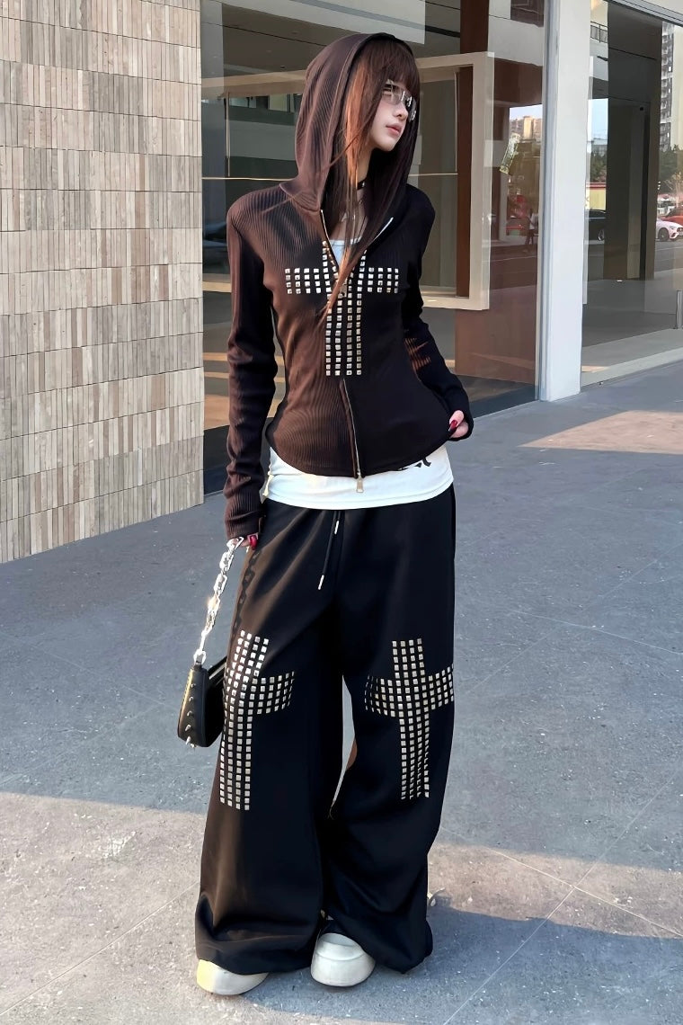 Cross rivet hooded sweatshirt and wide-leg pants set