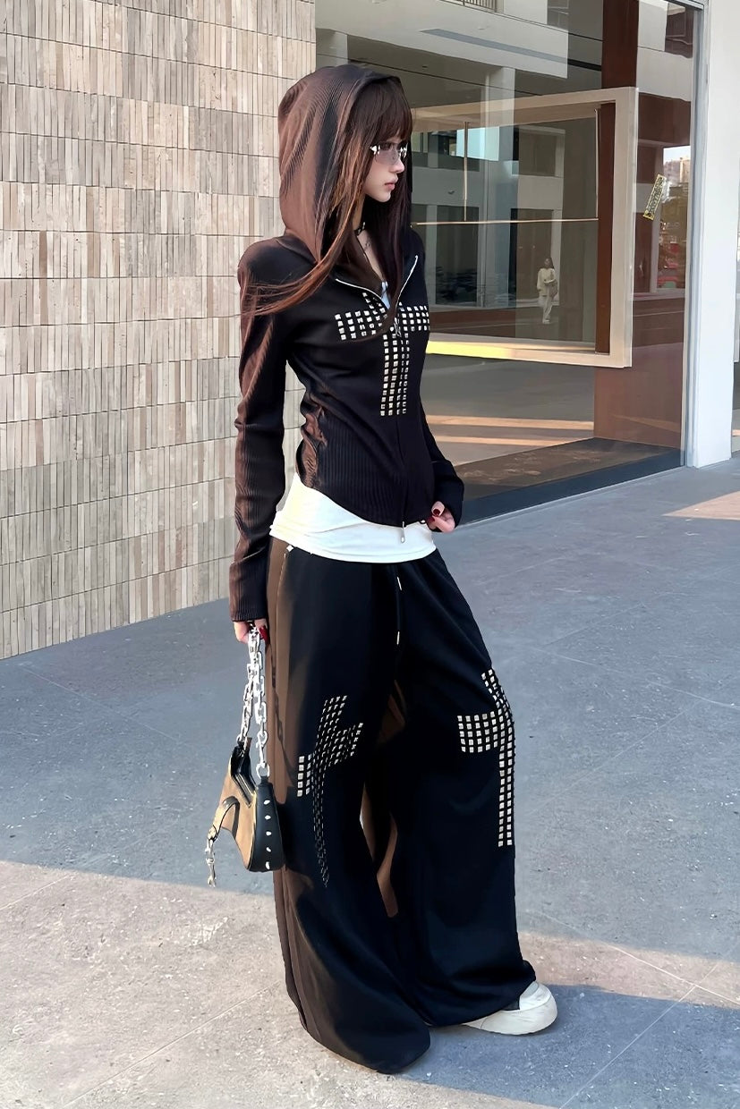 Cross rivet hooded sweatshirt and wide-leg pants set