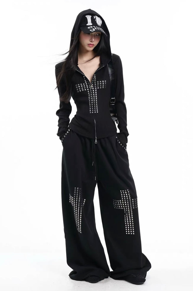 Cross rivet hooded sweatshirt and wide-leg pants set
