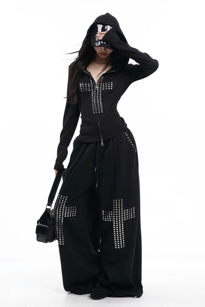 Cross rivet hooded sweatshirt and wide-leg pants set
