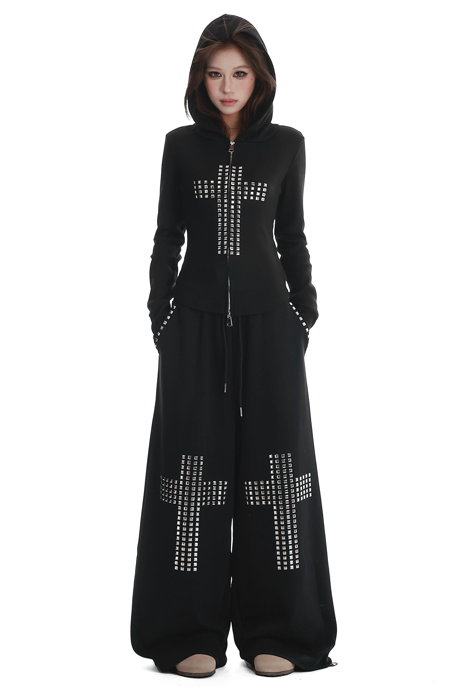 Cross rivet hooded sweatshirt and wide-leg pants set