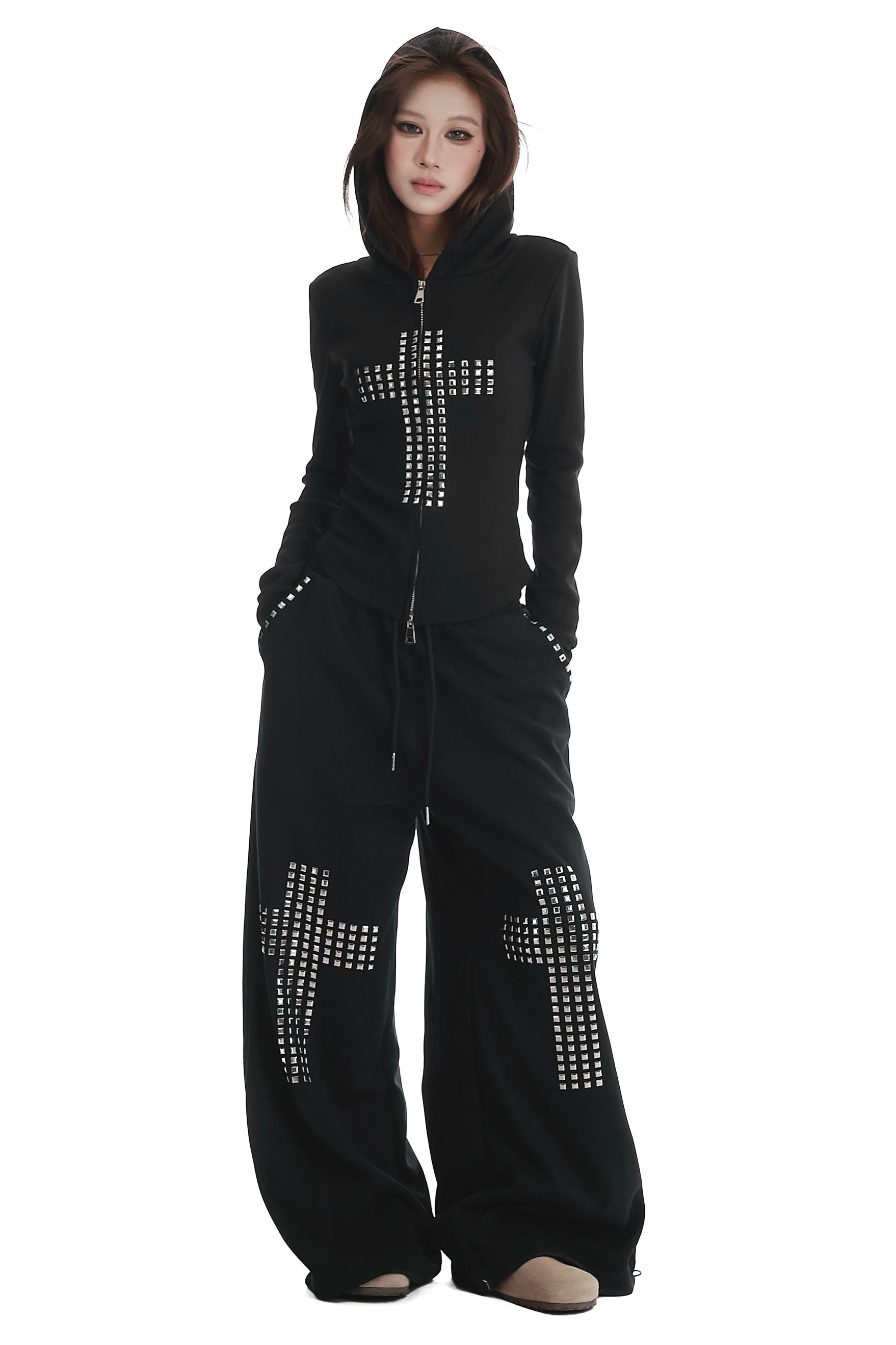 Cross rivet hooded sweatshirt and wide-leg pants set