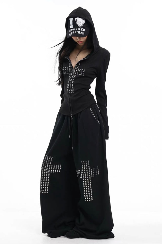Cross rivet hooded sweatshirt and wide-leg pants set